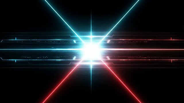 Abstract tech background with bright light in center, blue/red lines on dark