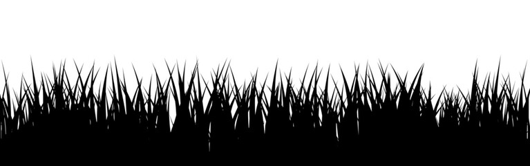 Naklejka premium Meadow silhouette with grass, plants on plain. Panoramic summer lawn landscape with herbs, various weeds. Herbal border, frame element. Black horizontal banners. Vector illustration