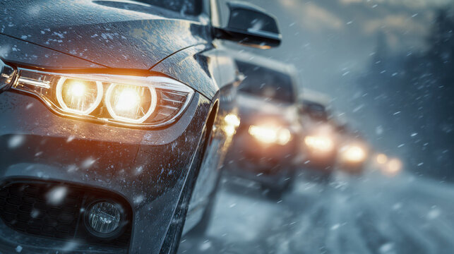 Close-up view of a sleek car driving through heavy snowfall on a winter road with multiple vehicles following closely behind under gloomy weather conditions
