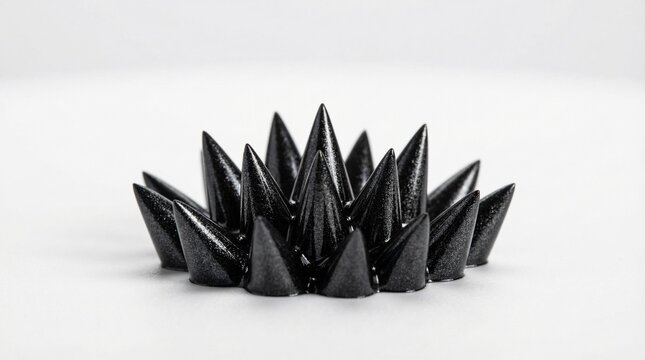 Magnetic ferrofluid forming sharp black spikes on a white studio background.