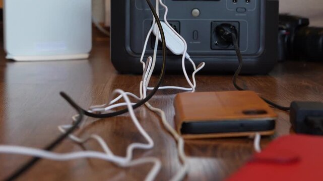 Messy cables on floor connected to portable power station before full setup with slight zoom. Concept of energy management, electricity backup and home office power usage.