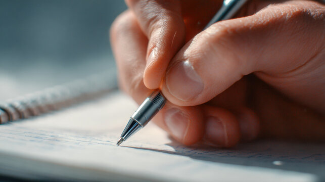 Hand holding a silver pen writing on a spiral notebook page with soft natural light creating a focused and studious atmosphere for education and work concepts