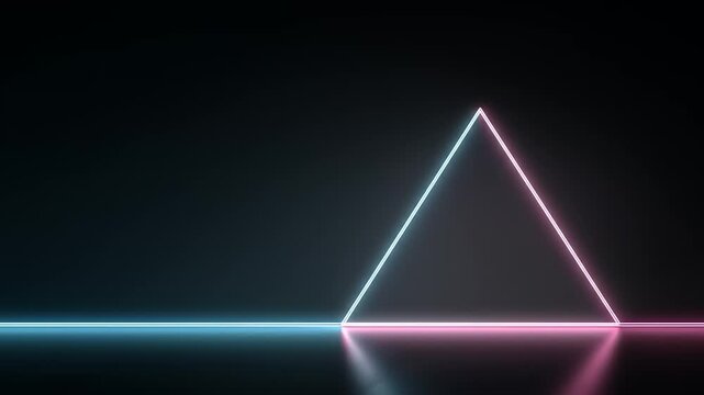 Glowing neon triangle on reflective surface against dark background with blue-pink gradient
