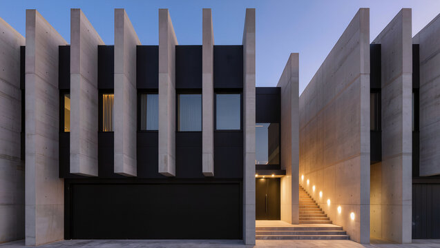 Modern Concrete House with Striking Architectural Design at Dusk