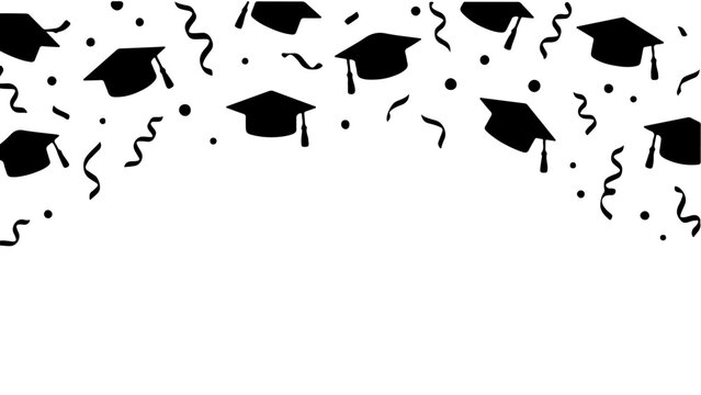 Graduation caps and confetti border - vector illustration with graduation mortarboard celebration