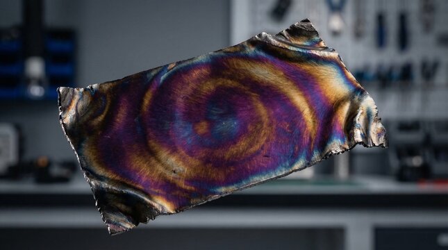 Heated titanium sheet with iridescent rainbow oxidation colors in a workshop.