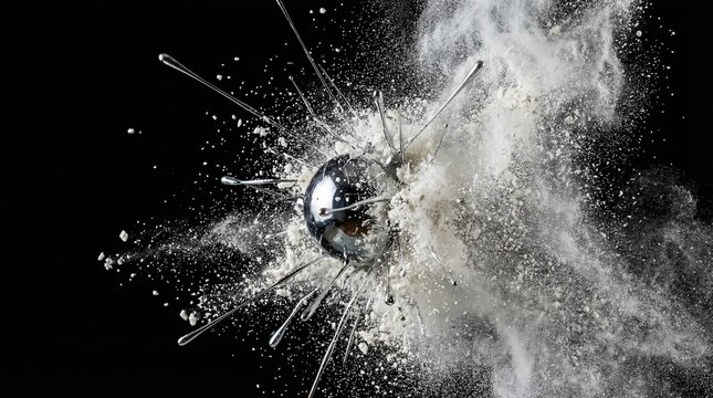 Abstract explosion of liquid chrome sphere with white powder splash.