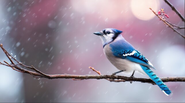 A blue jay perched on a branch amidst falling snow, surrounded by a blurred pink and white background