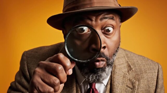 Bearded businessman examines details with magnifying glass in studio setting