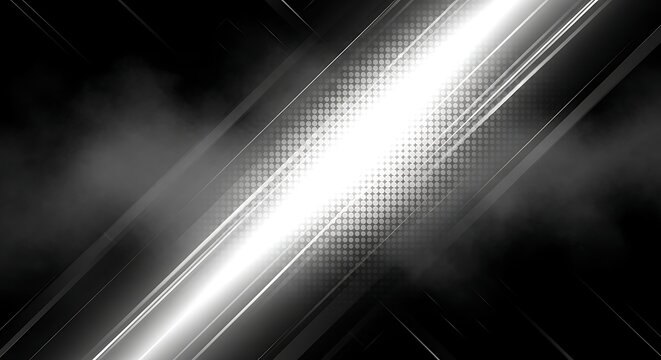 Abstract black and white graphic background with diagonal light beam and halftone dots. Representing technology, speed, and modern design