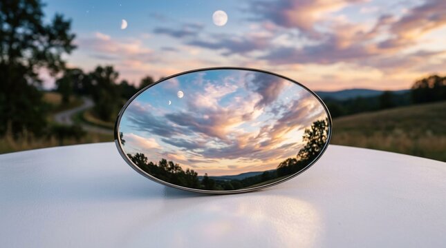 Dreamlike Sky Reflection Oval Mirror Object on Minimal White Surface
