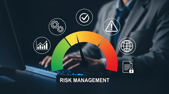Risk management concept with a speedometer, for analysis, warning, and security, and a person working on a laptop