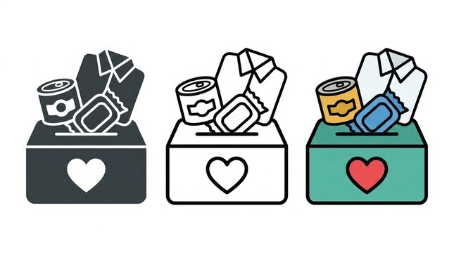 Donation box filled with clothes and canned goods, symbolizing charity and giving.