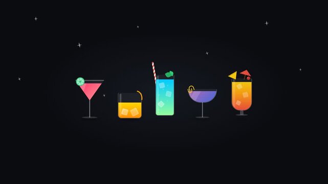 Modern Flat Design Cocktail Icons Illustration with Various Drinks and Garnishes on Dark Background