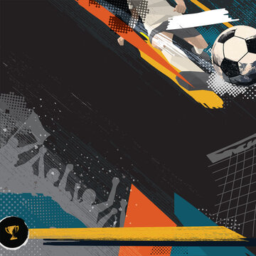 Soccer tournament promotion poster with player shooting the ball grunge texture punchy style square template have blank space.