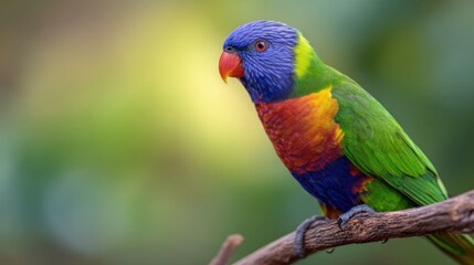 Fototapeta premium A vibrant lorikeet perched on a branch, showcasing a mix of bright colors against a blurred backdrop