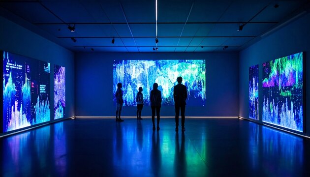 Group of people in a dark room surrounded by vibrant digital projections of abstract blue, purple, and pink patterns, symbolizing data, technology, and immersive art.