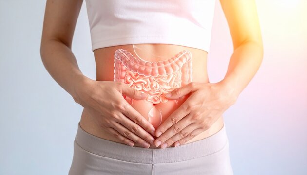 Woman touching chest with red glow, digestive organs illustrated behind, symbolizing heartburn, acid reflux, or digestive discomfort.
