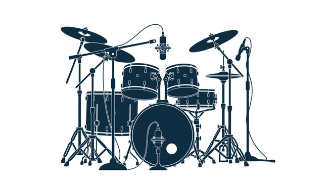 Drum Kit Silhouette with Microphones, Music Studio Setup, Band Equipment