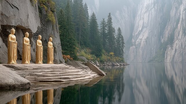 Four golden Buddha statues stand in a row on a stone ledge carved into a cliff. A tranquil lake reflects the statues, evergreen trees, and towering gray rock walls in the misty distance.