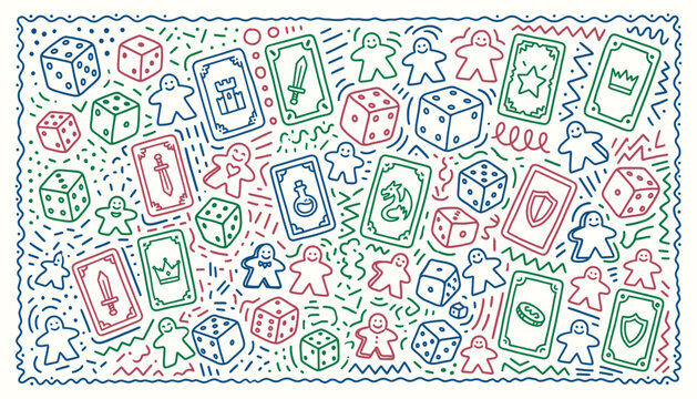 Colorful hand drawn board game doodles featuring dice and cards for creative leisure concepts