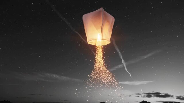 Glowing lantern releasing sparks in a dark night sky with contrails