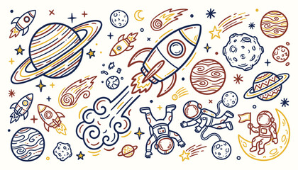Hand drawn space adventure illustration with rockets and astronauts for educational posters © Ghaghah24