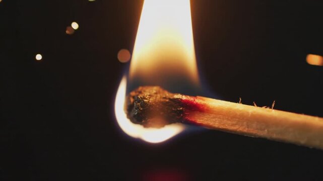 Close-up of a burning matchstick with a bright flame against a dark background.