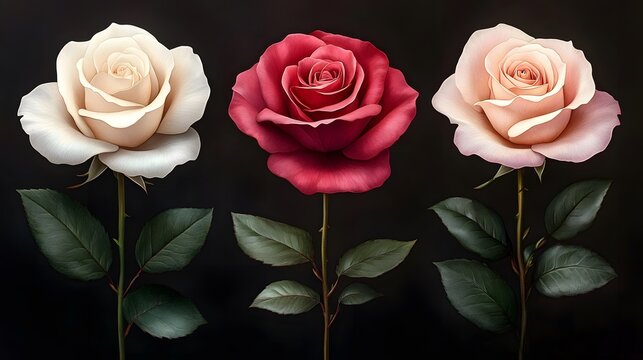 Three roses in different colors facing the viewer against a dark background