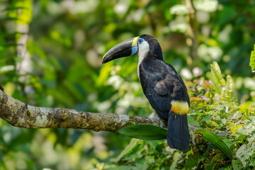 Naklejka premium White-throated Toucan (Ramphastos tucanus) Perched on a Tree: A Near-passerine Bird in Ramphastidae Family