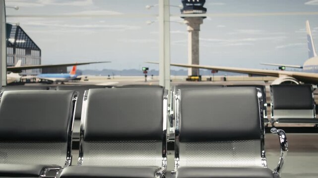 Close up of empty airport metal chairs rows wait for arriving travelling tourists. Departure timetable electronic display in airport terminal listing upcoming international flights