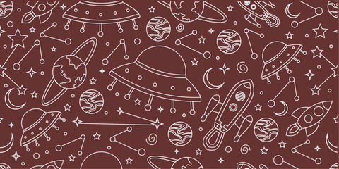 Space themed pattern background. Seamlesa pattern of space themed doodle pattern background. Hand drawn spaces doodle pattern background. Seamless space planet kid doodle universe design. © Predi