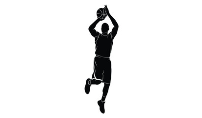 A dynamic black silhouette depicts a basketball player in mid air preparing to shoot or rebound the ball a striking silhouette high quality professional © rsvect02