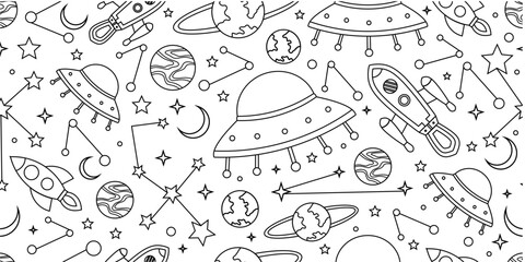 Space themed pattern background. Seamlesa pattern of space themed doodle pattern background. Hand drawn spaces doodle pattern background. Seamless space planet kid doodle universe design. © Predi