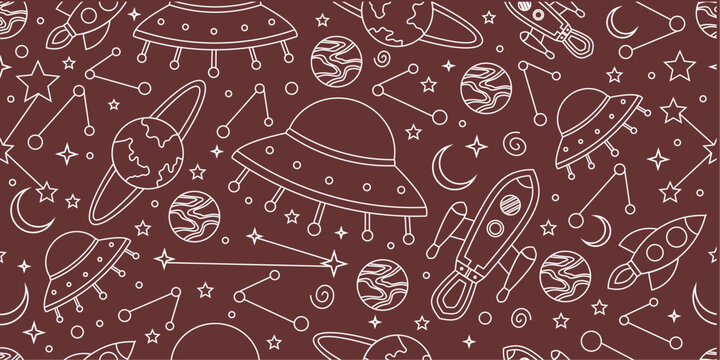 Space themed pattern background. Seamlesa pattern of space themed doodle pattern background. Hand drawn spaces doodle pattern background. Seamless space planet kid doodle universe design.