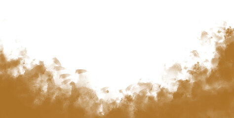 Obraz premium Realistic sand and dust cloud on transparent background. Brown smog, powder explosion, sandstorm effect. Brown Watercolor Smoke Fog Abstract Background — Earthy Grunge Brush Texture Banner on White