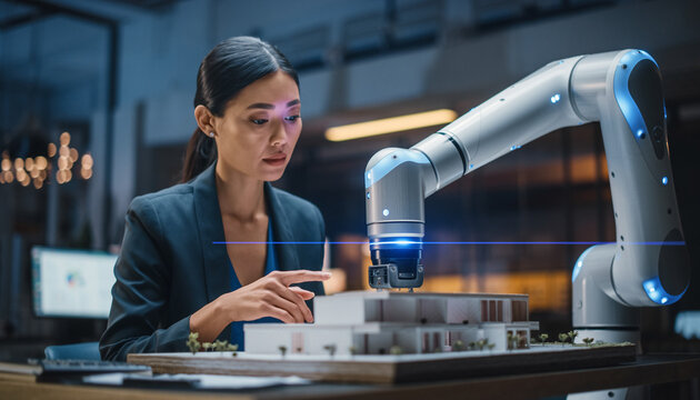 Female Architect Collaborating With Robot On Modern Building Model In Bright Studio