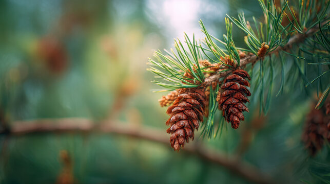 Pine cones hanging from a vibrant green conifer branch with a softly blurred natural forest background during a serene outdoor setting