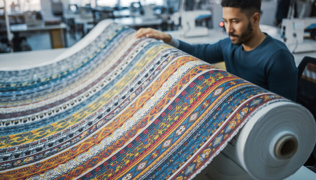 Textile Artist Reviewing Fabric Prints With Automated Color Calibration Robot