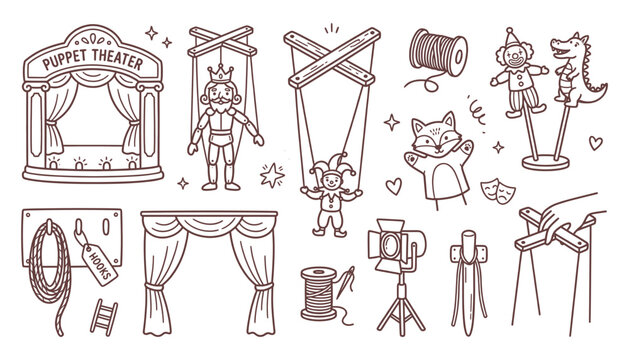 Puppet theater doodle set featuring marionettes and stage elements for storytelling play
