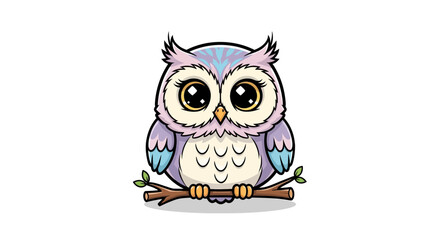 Obraz premium Adorable cute owl with big eyes sitting on a tree branch cartoon character illustration.