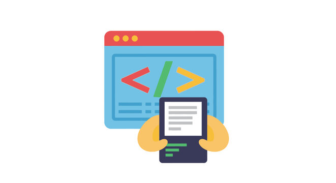 hands holding tablet with code editor icon