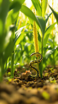 corn snake hunting field mouse in natural food chain garden ecosystem close-up