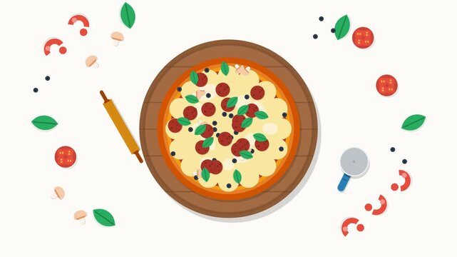 Minimalist Flat Vector Illustration of Pizza Cooking Process with Toppings and Ingredients on White Background