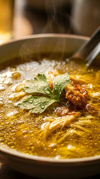 Soto Ayam Golden Broth Macro Close-Up, Indonesian Chicken Soup Steam Detail Potrait Orientation