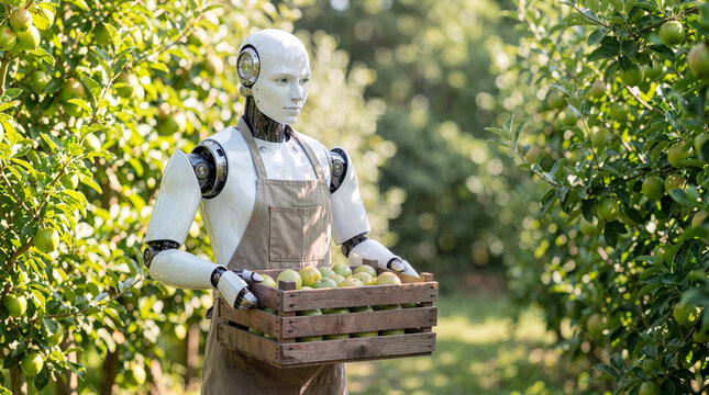 Idyllic landscape of robot farmers picking fruit