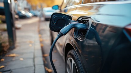 Fototapeta premium Close-up of electric car charging on urban street