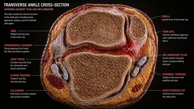 Detailed anatomical cross section of human ankle showing bones ligaments tendons and inflamed joint space