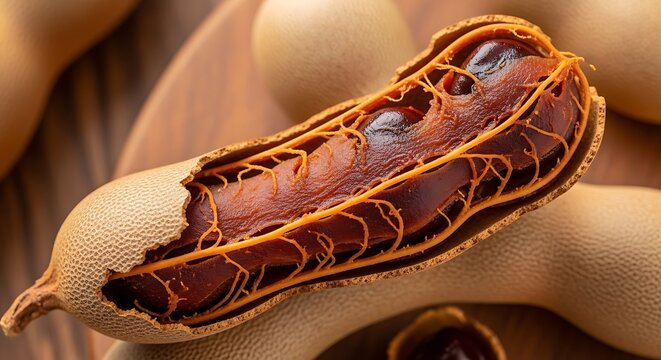 Tamarind pods lie on a wooden surface with one opened revealing brown seeds inside.