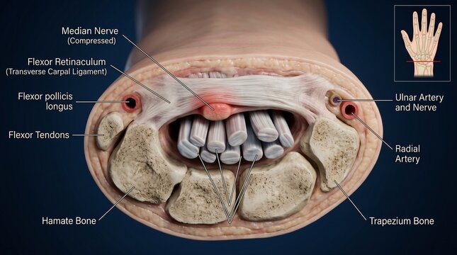 Cross section of the human wrist showing carpal tunnel anatomy and compressed median nerve